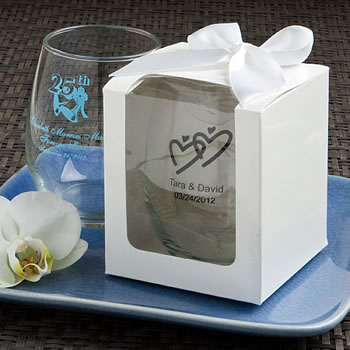 White Window Stemless Wine Glass Gift Box with White Satin Bow: 3 x 3 x 3.5